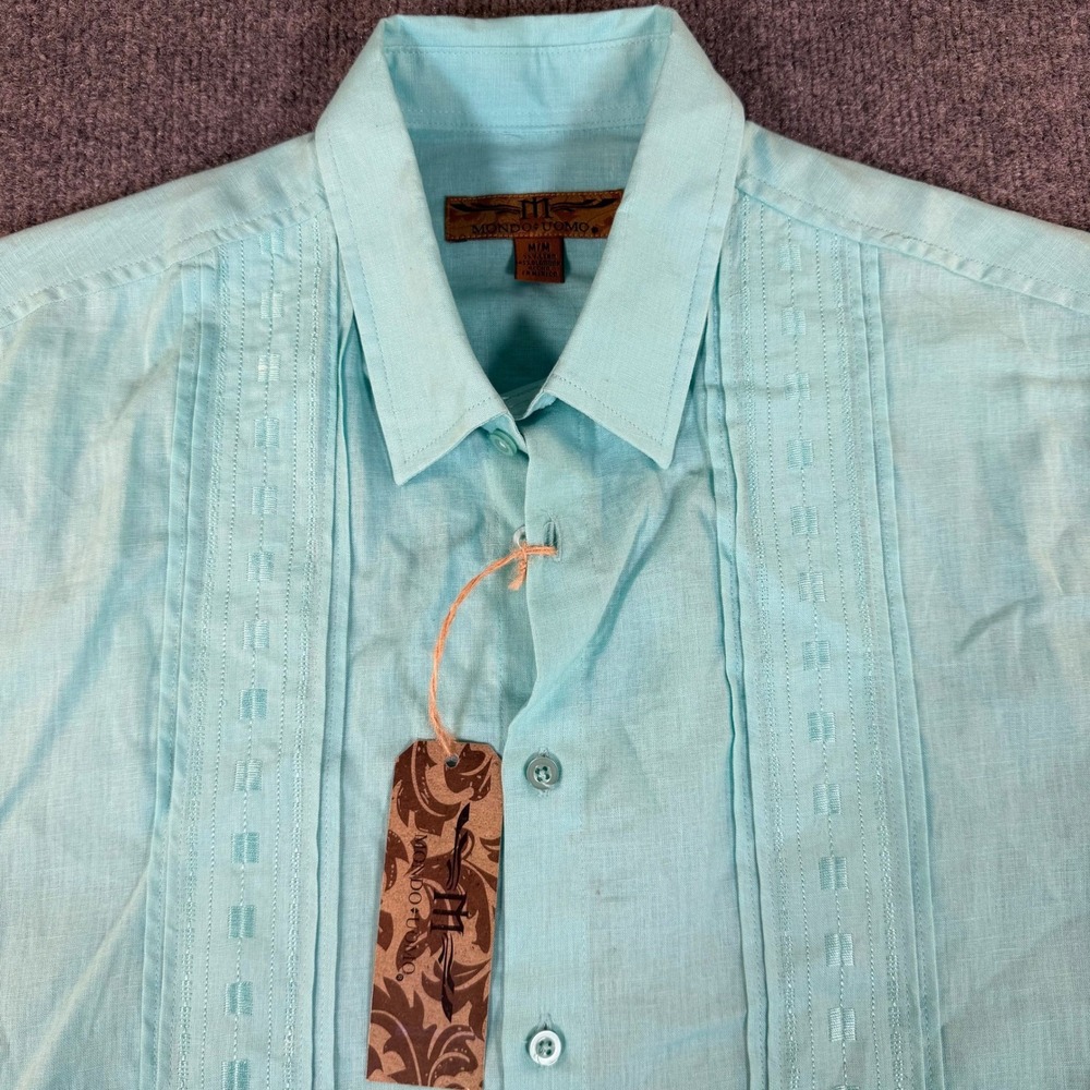 Mondo Uomo Mens Aqua Guayabera Linen Blend Short Sleeve Shirt Size M NEW #3208